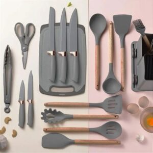 Kit Completo Jogo Utensílios De Cozinha 19 Peças Com Tábua Cor Cinza